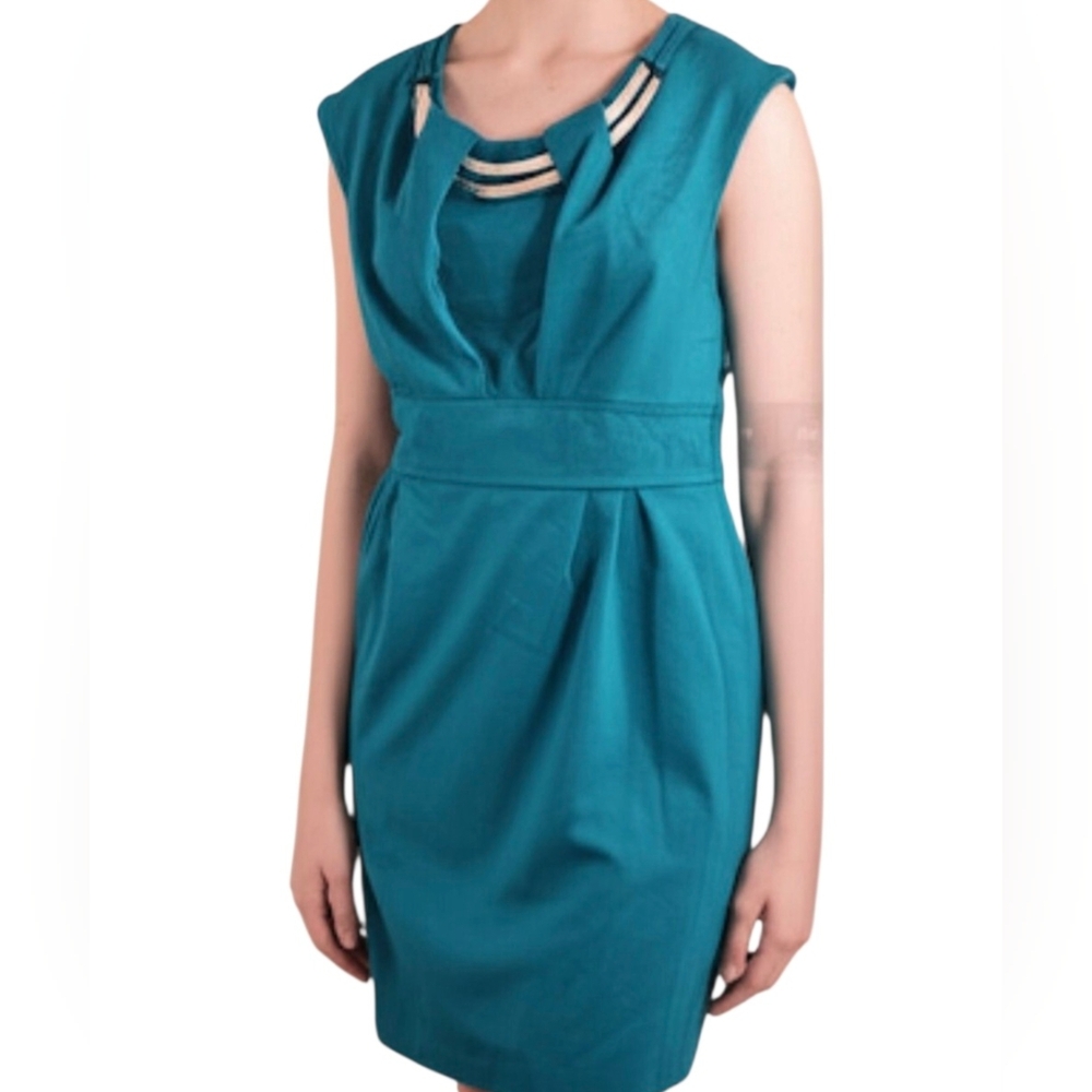 SANDRA DARREN Teal Midi Career Office Dress Gold Accent SZ 8P